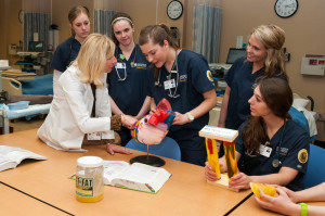 Nursing students demonstrate proper nursing procedures.