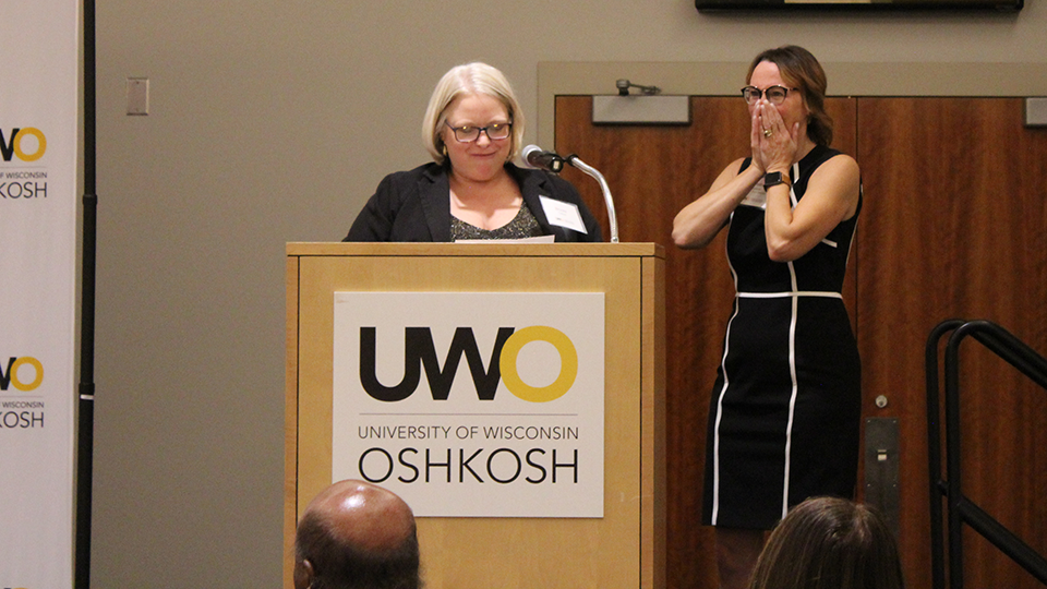 Surprise! Alumni director Chris Gantner presented with honorary UWO alumna award